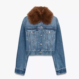 Zara Cropped Mid-Blue Jean Jacket with Brown Fur Collar